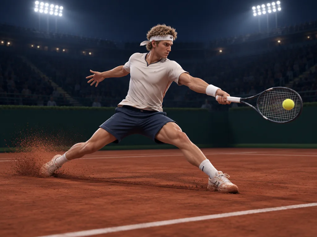 Tomas Reyk berikat kepala putih meluncur lebar di tanah liat, debu merah menyembur dari sepatunya saat menjangkau forehand