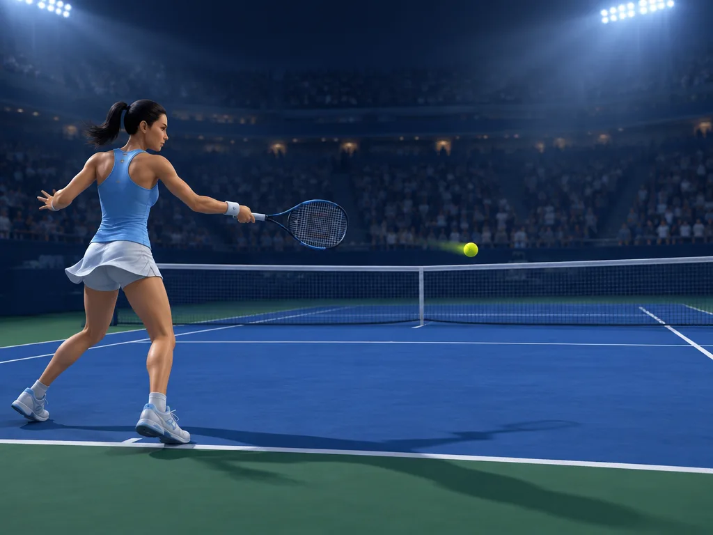 Yuna Castel berbaju biru muda memukul forehand datar di final malam, bola kuning melintas rendah di atas jaring
