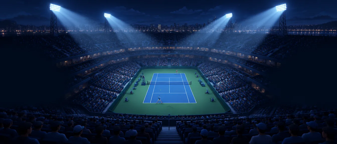 Stadion tenis malam dari tribun atas, lapangan keras biru bersinar di tengah mangkuk gelap dengan empat menara lampu